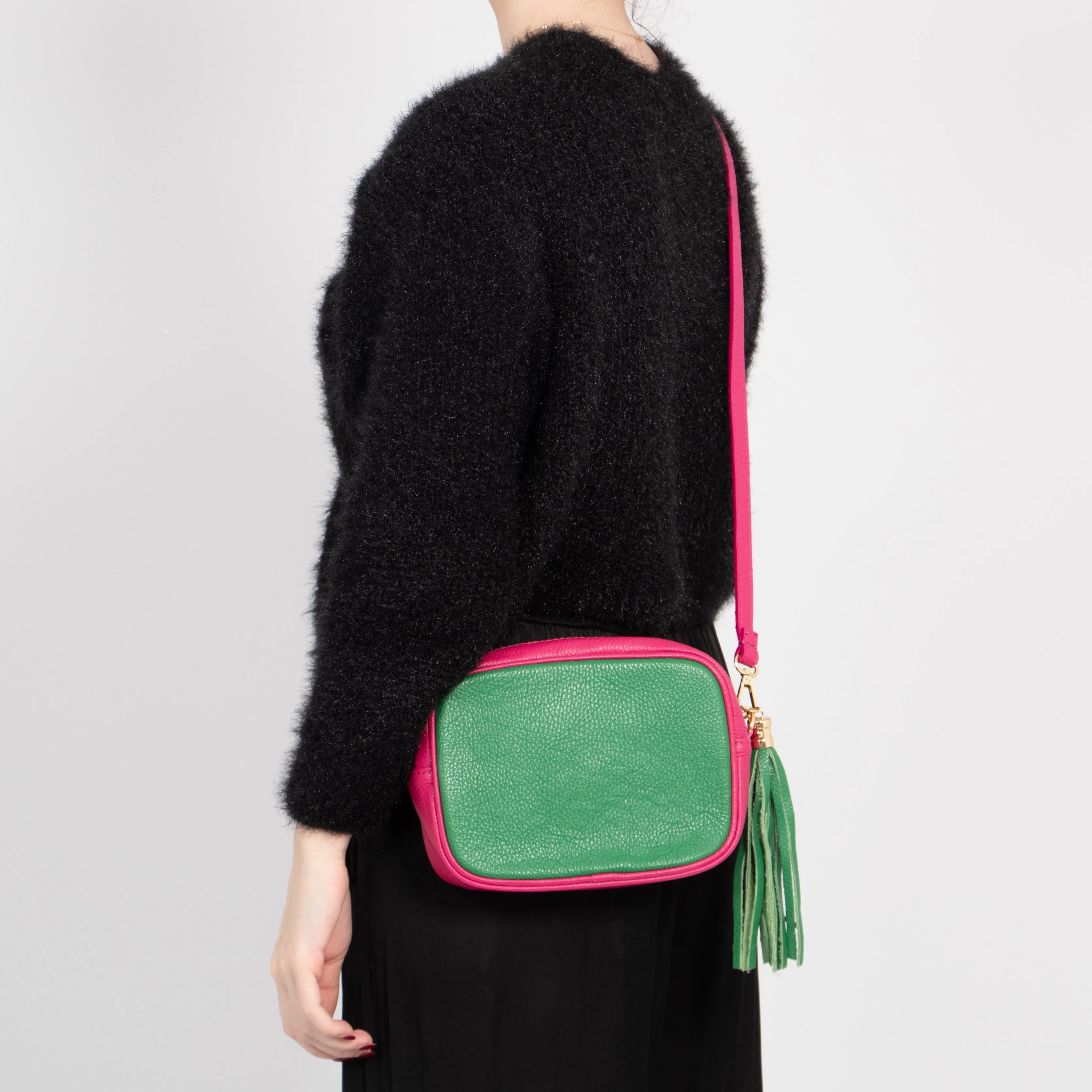 Beau - Italian Leather Crossbody Bag - Bright Green/Fuchsia, Pebbled
