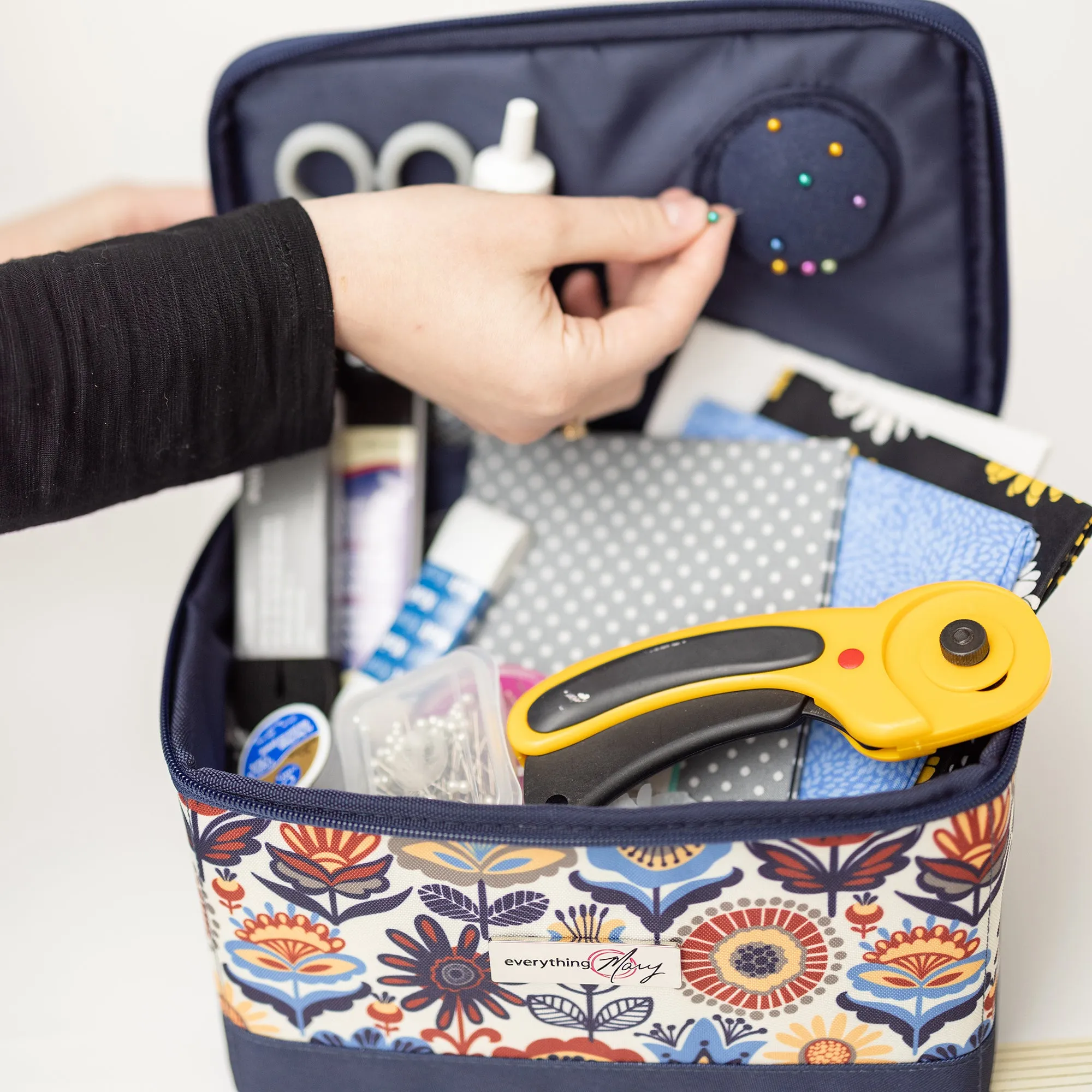 Collapsible Sewing Kit Organizer Box, Blue & Tan