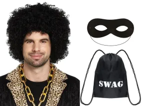 Complete Party Look: Black Afro Wig, Domino Eye Mask, and Swag Bag - Get Ready to Turn Heads