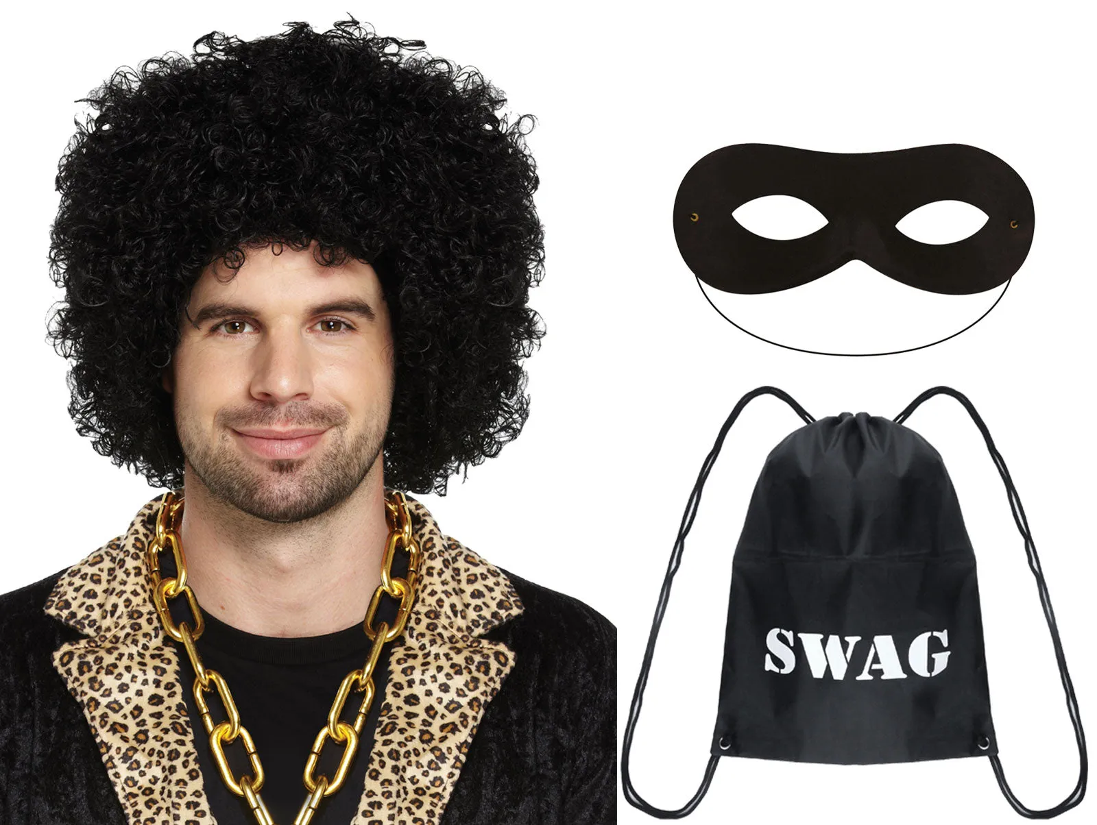 Complete Party Look: Black Afro Wig, Domino Eye Mask, and Swag Bag - Get Ready to Turn Heads