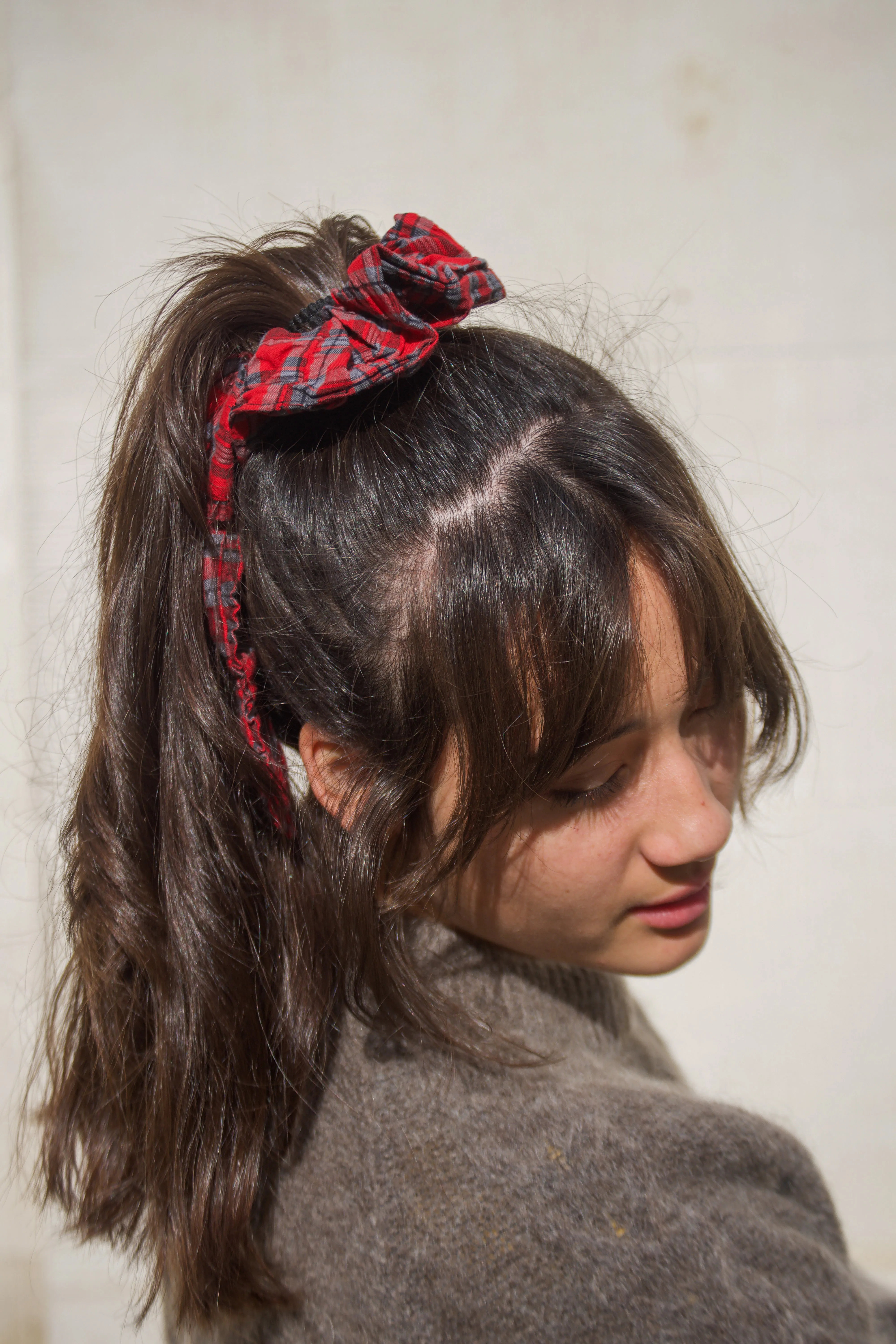 Damson Madder Red Check Bow Scrunchie