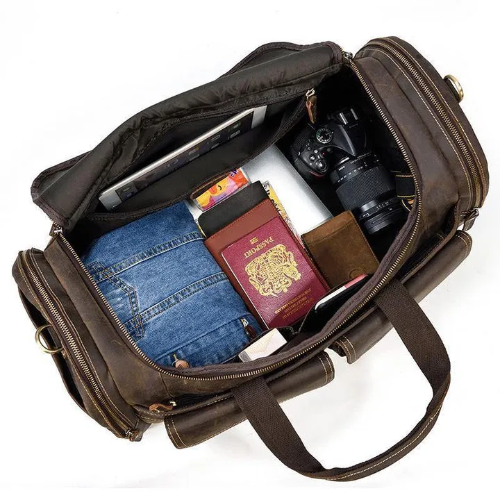 Dark Brown Full Grain Leather Travel Weekender Duffel Bag