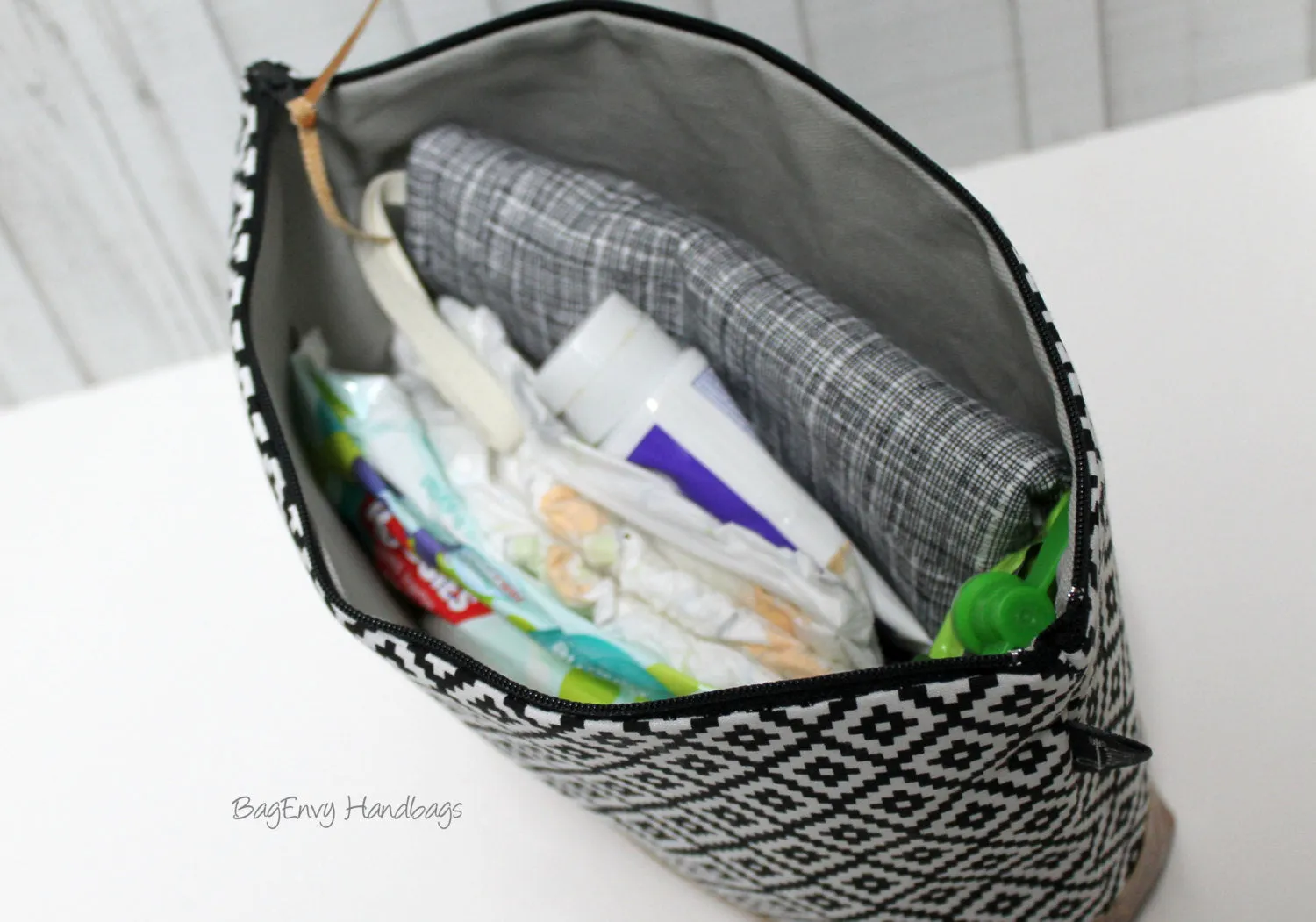 Grey Arrows with Vegan Leather - Large Make Up Bag / Diaper Clutch / Bridesmaid Gift