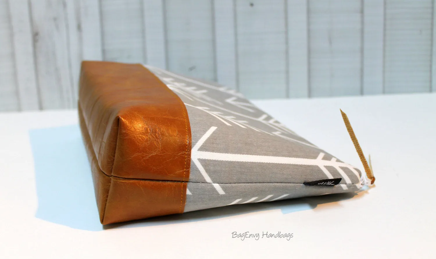 Grey Arrows with Vegan Leather - Large Make Up Bag / Diaper Clutch / Bridesmaid Gift