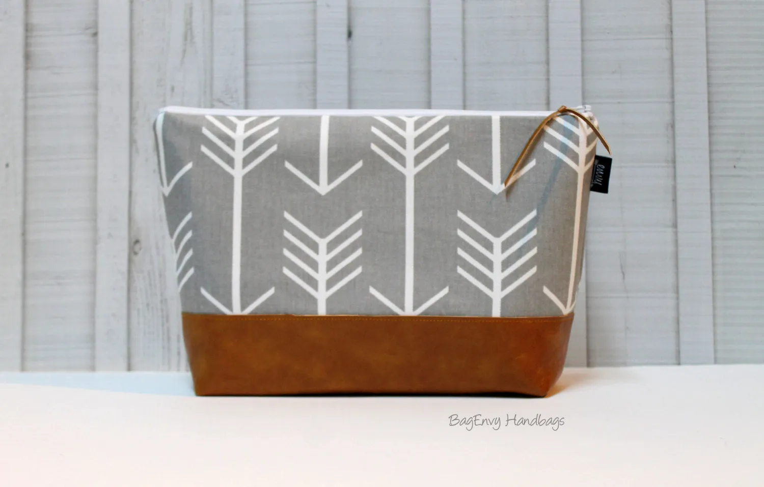 Grey Arrows with Vegan Leather - Large Make Up Bag / Diaper Clutch / Bridesmaid Gift