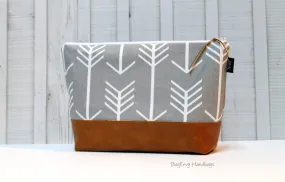 Grey Arrows with Vegan Leather - Large Make Up Bag / Diaper Clutch / Bridesmaid Gift