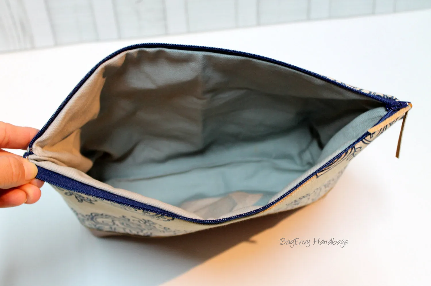 Grey Arrows with Vegan Leather - Large Make Up Bag / Diaper Clutch / Bridesmaid Gift