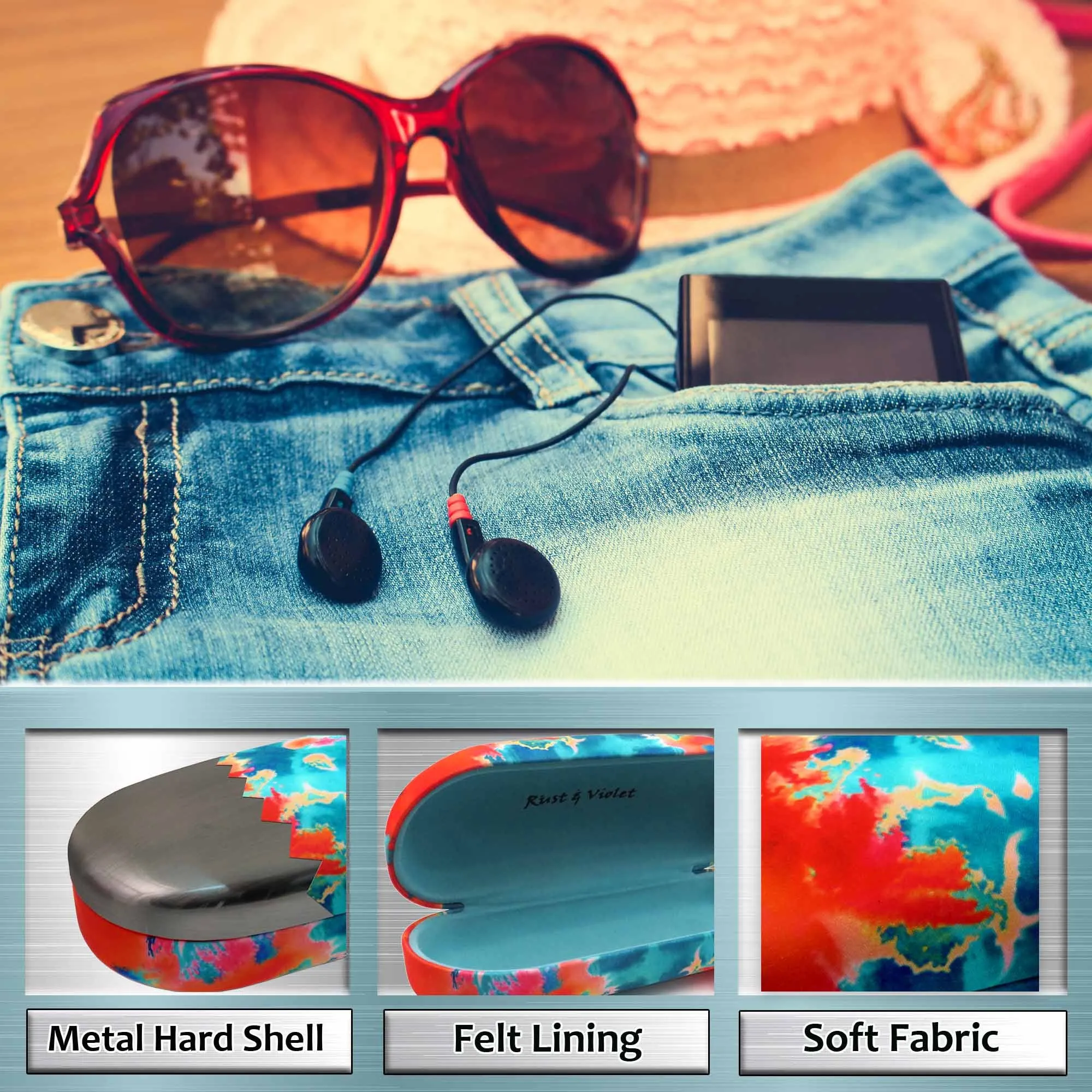 Hard Sunglasses Case in a Tie Dye Orange Blue With Pouch & Cloth for Medium- Large Frames (AS87 TD ORG)