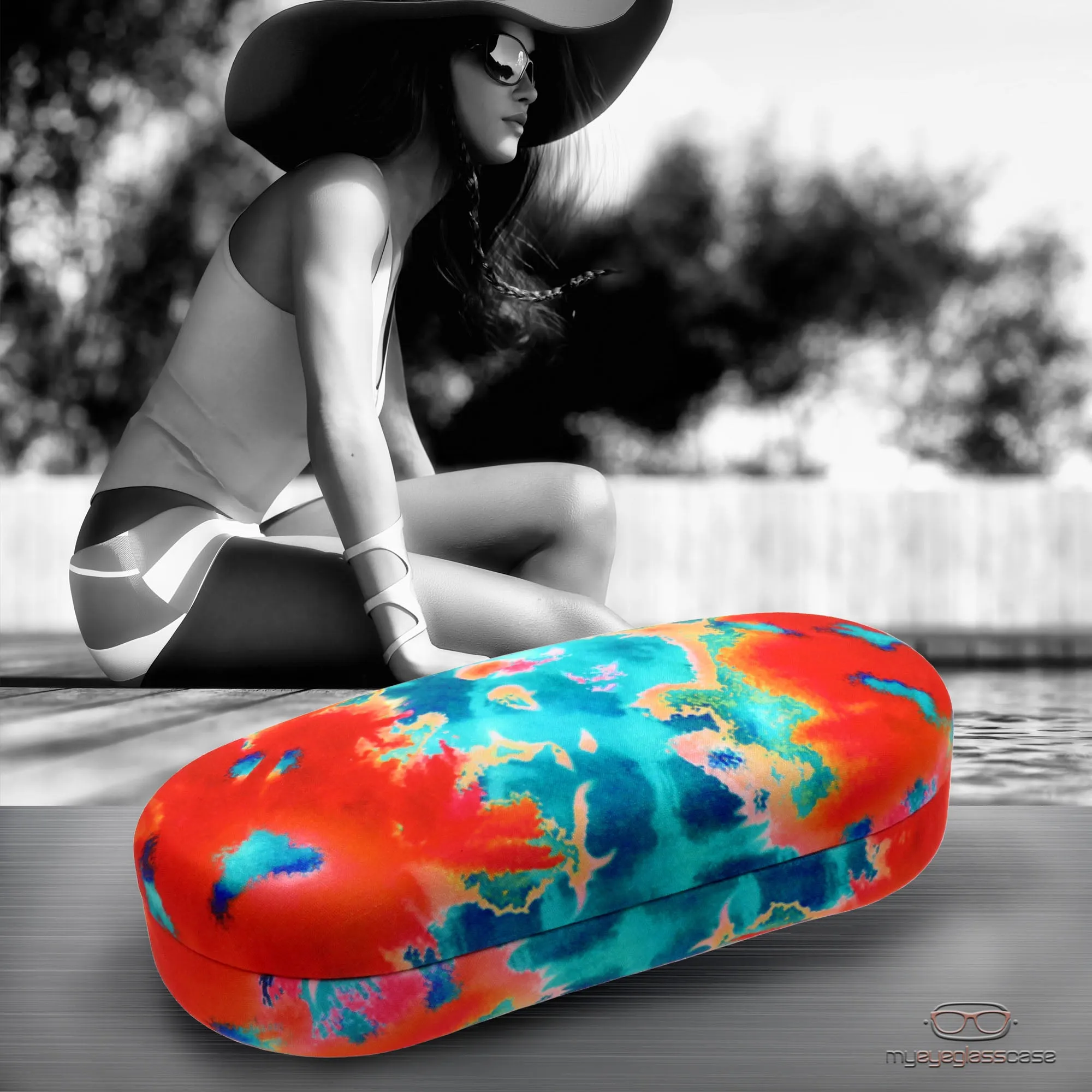 Hard Sunglasses Case in a Tie Dye Orange Blue With Pouch & Cloth for Medium- Large Frames (AS87 TD ORG)
