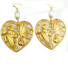 Heart Earrings with Vintage 1950s Cotton Pearls - Designed by Award-Winning Artist Sugar Gay Isber