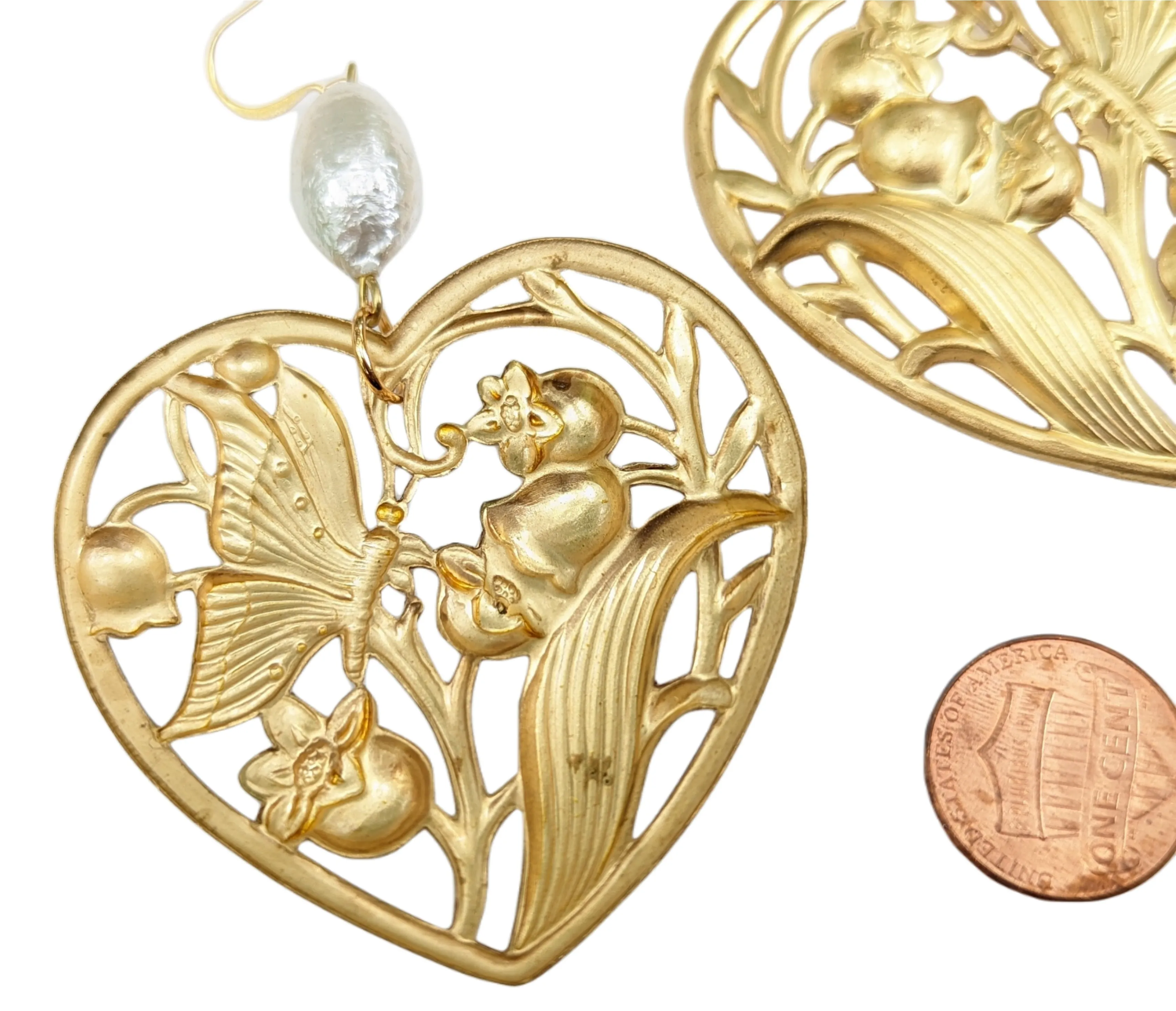 Heart Earrings with Vintage 1950s Cotton Pearls - Designed by Award-Winning Artist Sugar Gay Isber
