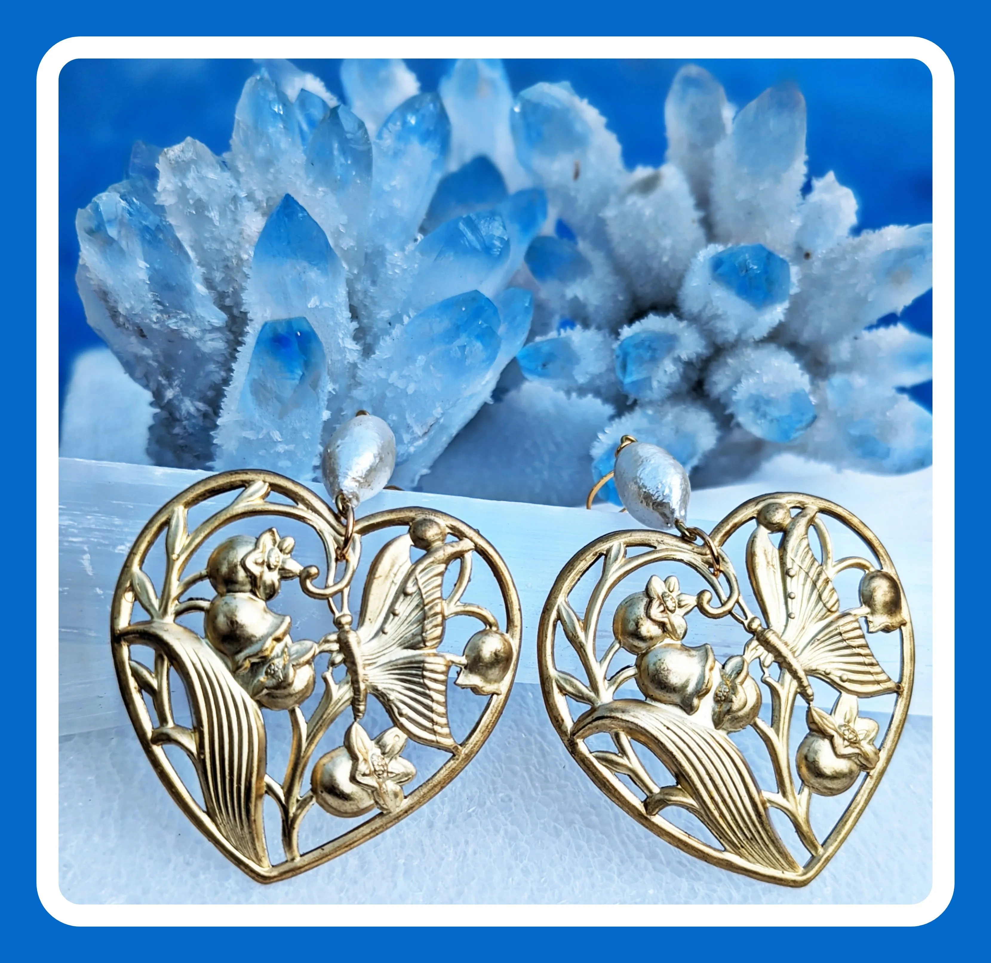 Heart Earrings with Vintage 1950s Cotton Pearls - Designed by Award-Winning Artist Sugar Gay Isber