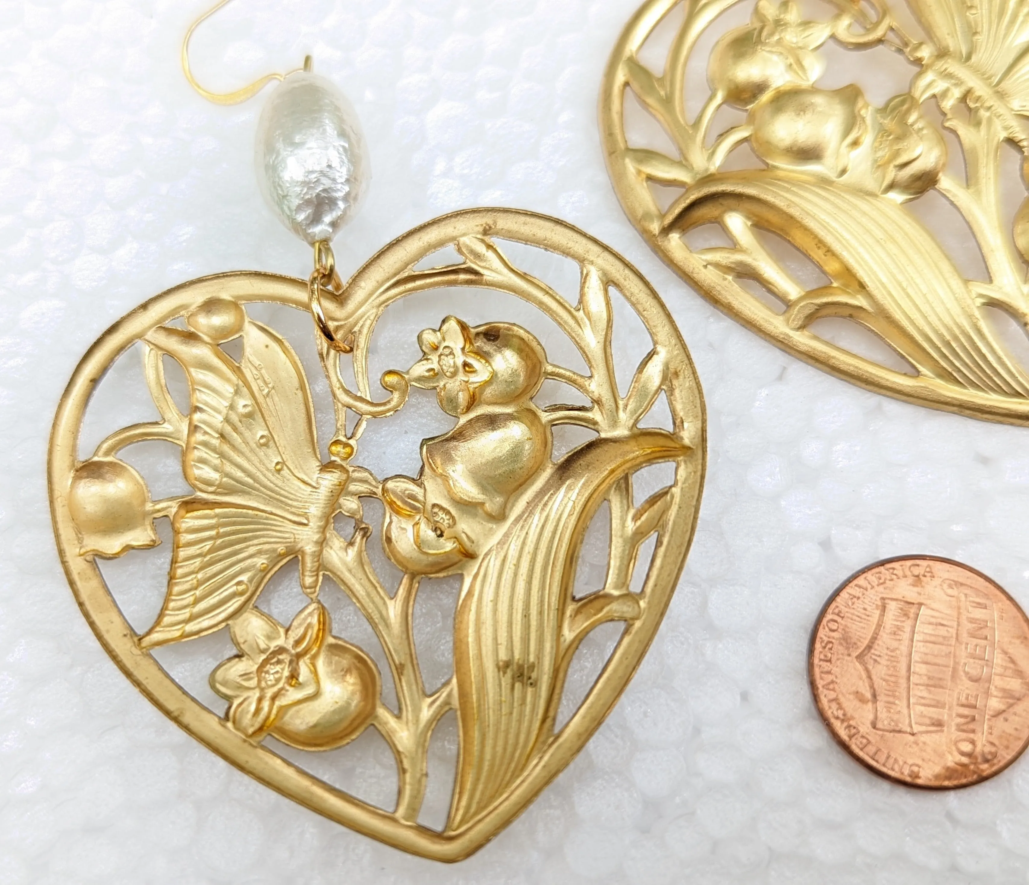 Heart Earrings with Vintage 1950s Cotton Pearls - Designed by Award-Winning Artist Sugar Gay Isber
