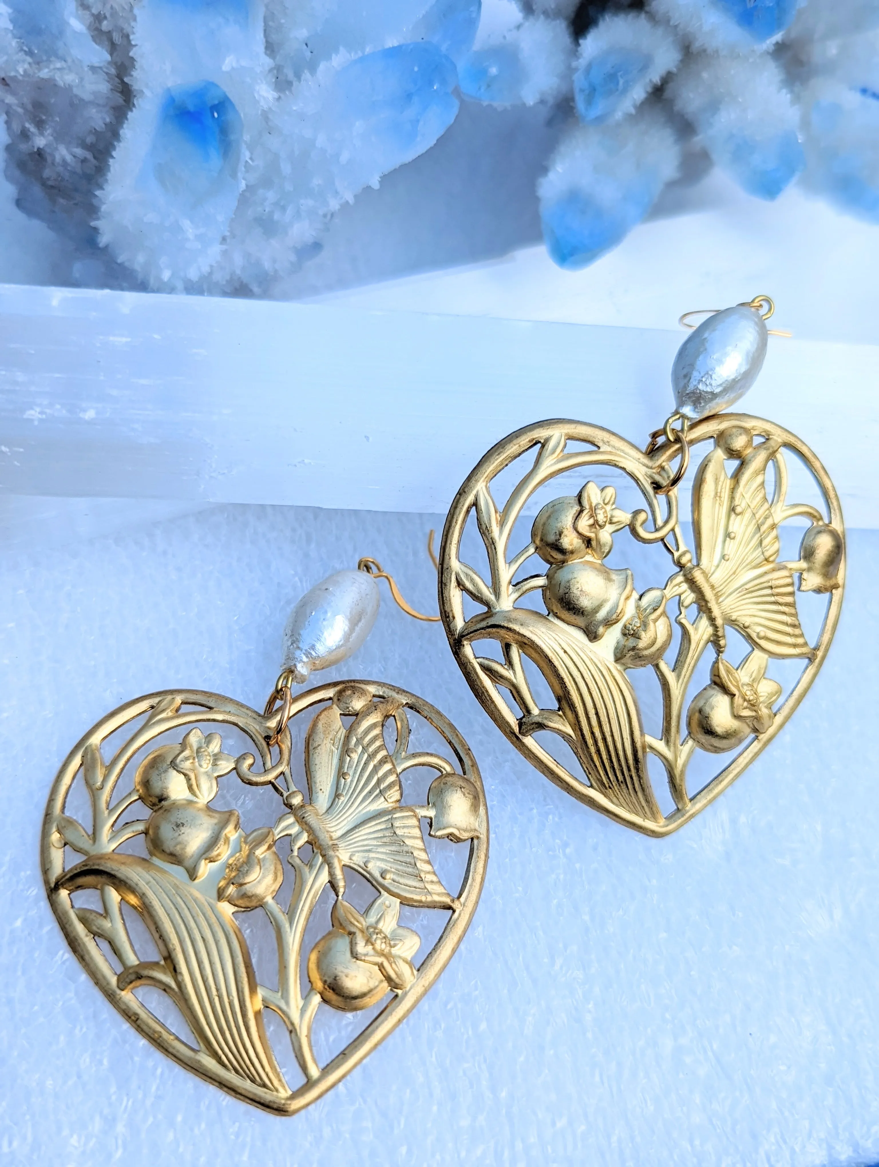 Heart Earrings with Vintage 1950s Cotton Pearls - Designed by Award-Winning Artist Sugar Gay Isber
