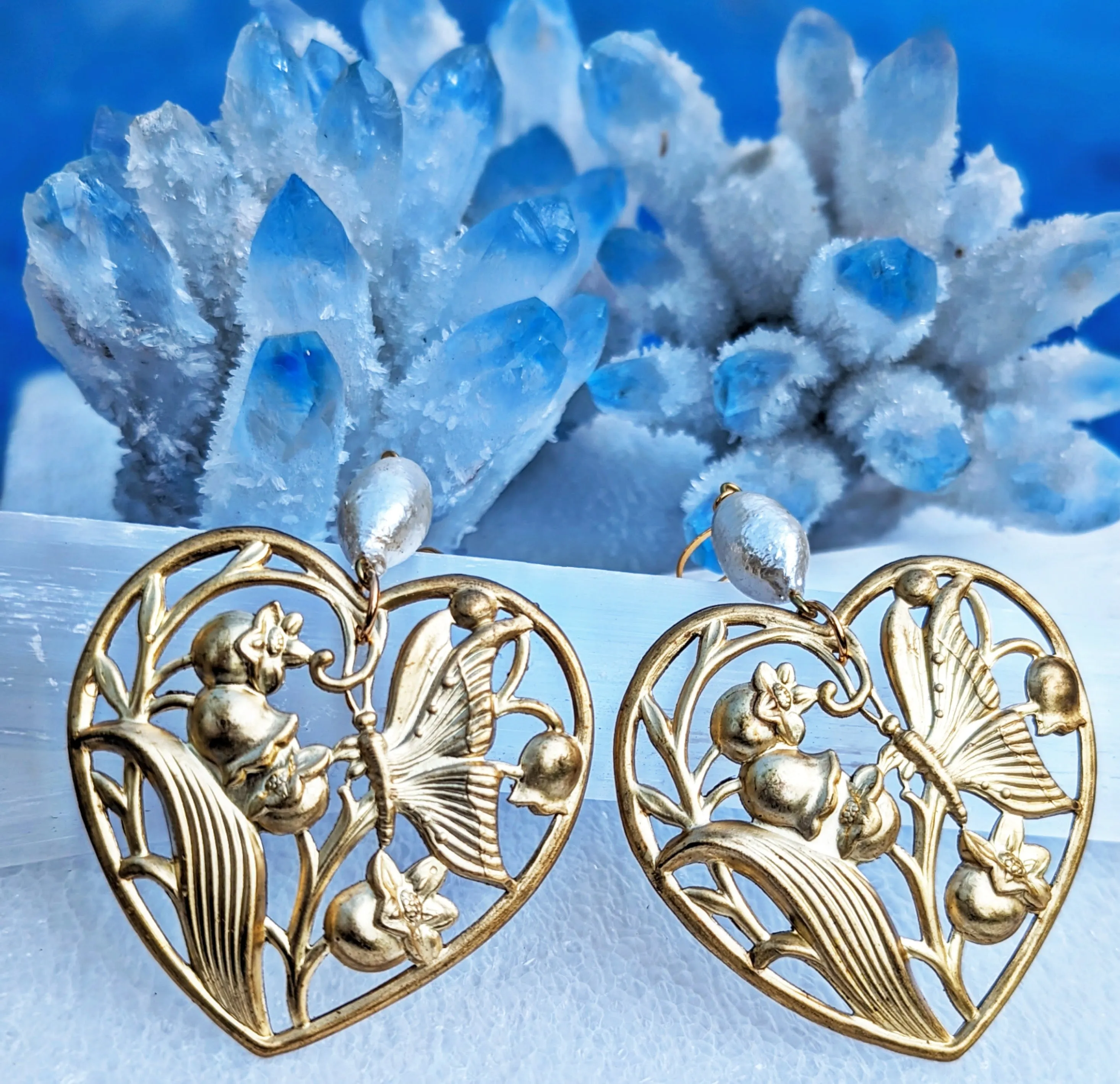 Heart Earrings with Vintage 1950s Cotton Pearls - Designed by Award-Winning Artist Sugar Gay Isber