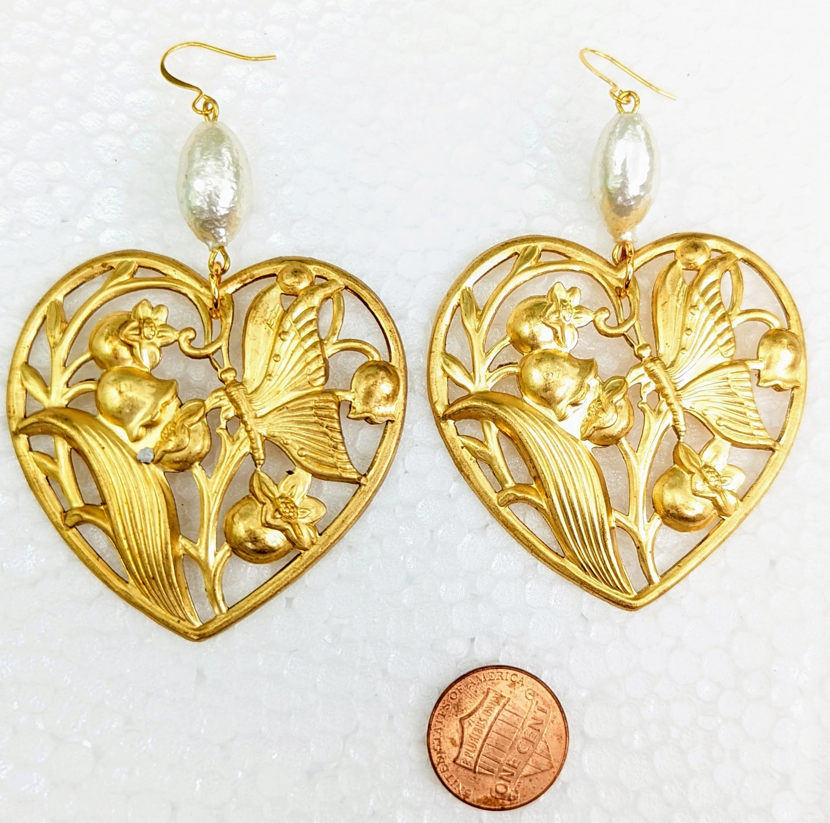 Heart Earrings with Vintage 1950s Cotton Pearls - Designed by Award-Winning Artist Sugar Gay Isber