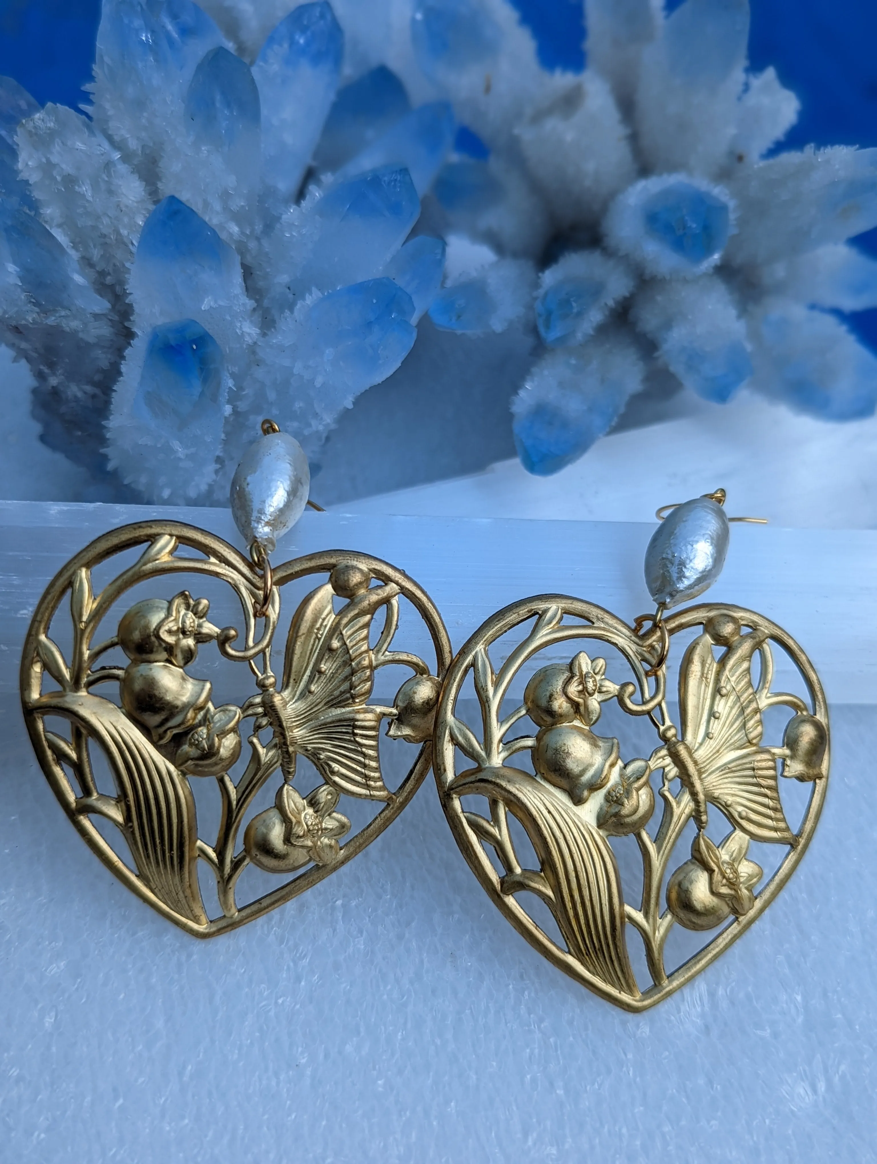 Heart Earrings with Vintage 1950s Cotton Pearls - Designed by Award-Winning Artist Sugar Gay Isber
