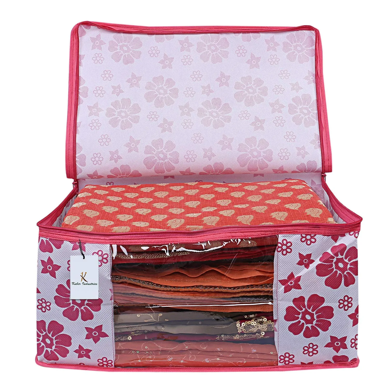 Kuber Industries Non-Woven Foldable Saree Covers With Zip|Non Woven Clothes Organiser For Wardrobe |Floral Print With Transparent Window|Suitable For Lehenga, Suit, Dress|Pack Of 3 (Pink)