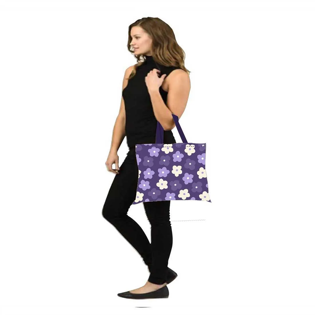 Nutcase Designer Tote Bag for Women Gym Beach Travel Shopping Fashion Bags with Zip Closure and Internal Pocket - Purple Flowers