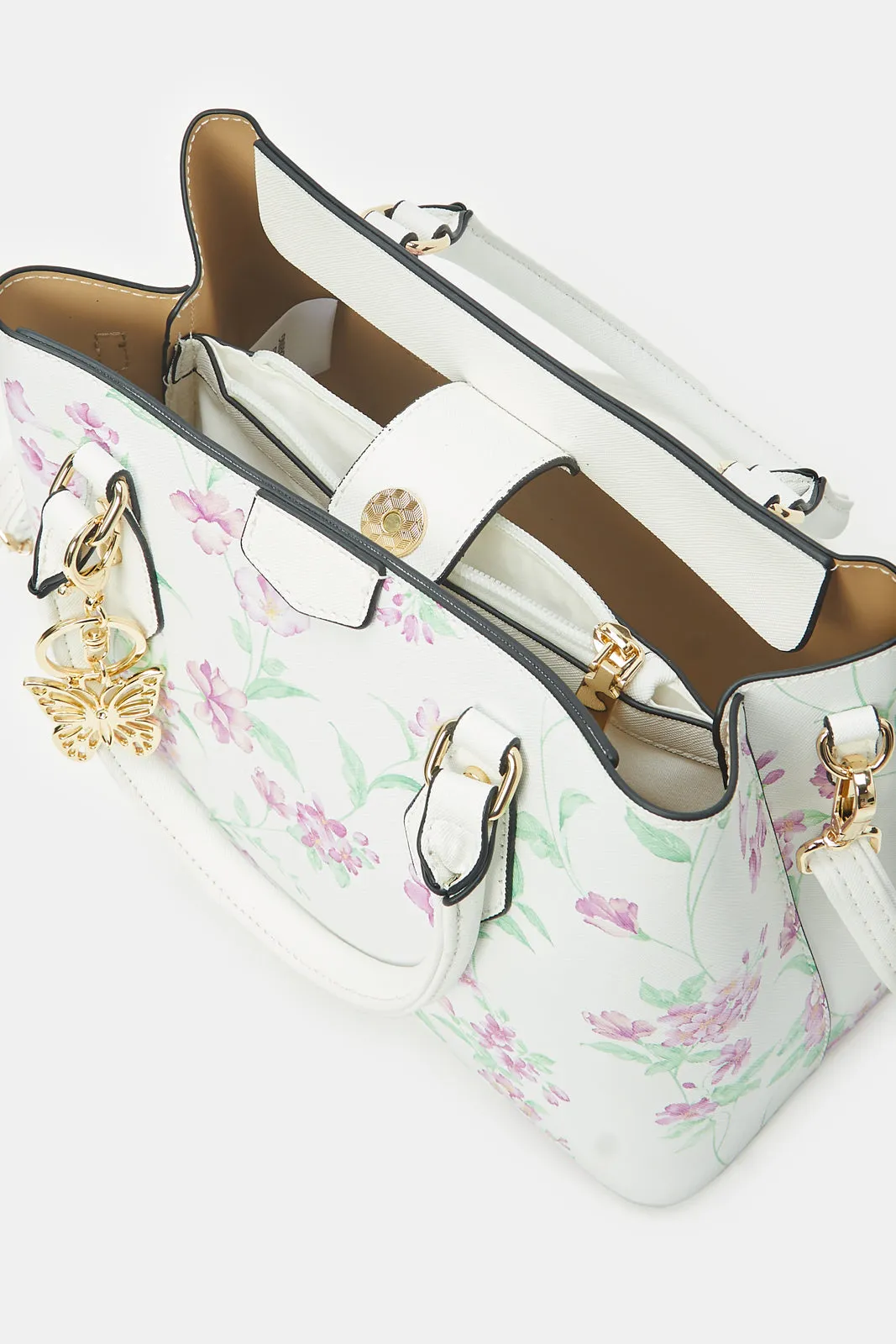 Women White Floral Printed Day Bag